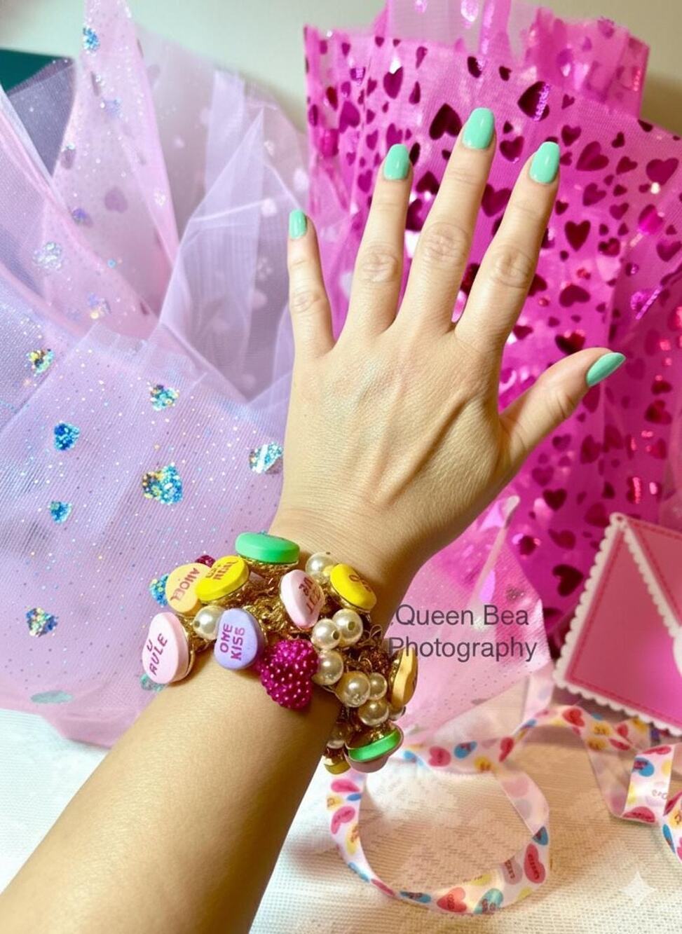 Betsey Johnson Conversation Heart Bracelet – Pastel Candy, Rhinestone, Pearls